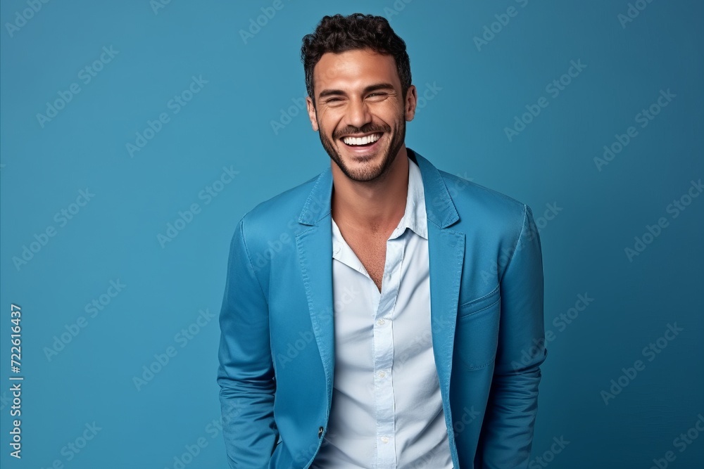 Portrait of handsome young man smiling and looking at camera while standing against blue background Portrait of handsome young man smiling and looking at camera while standing against blue background