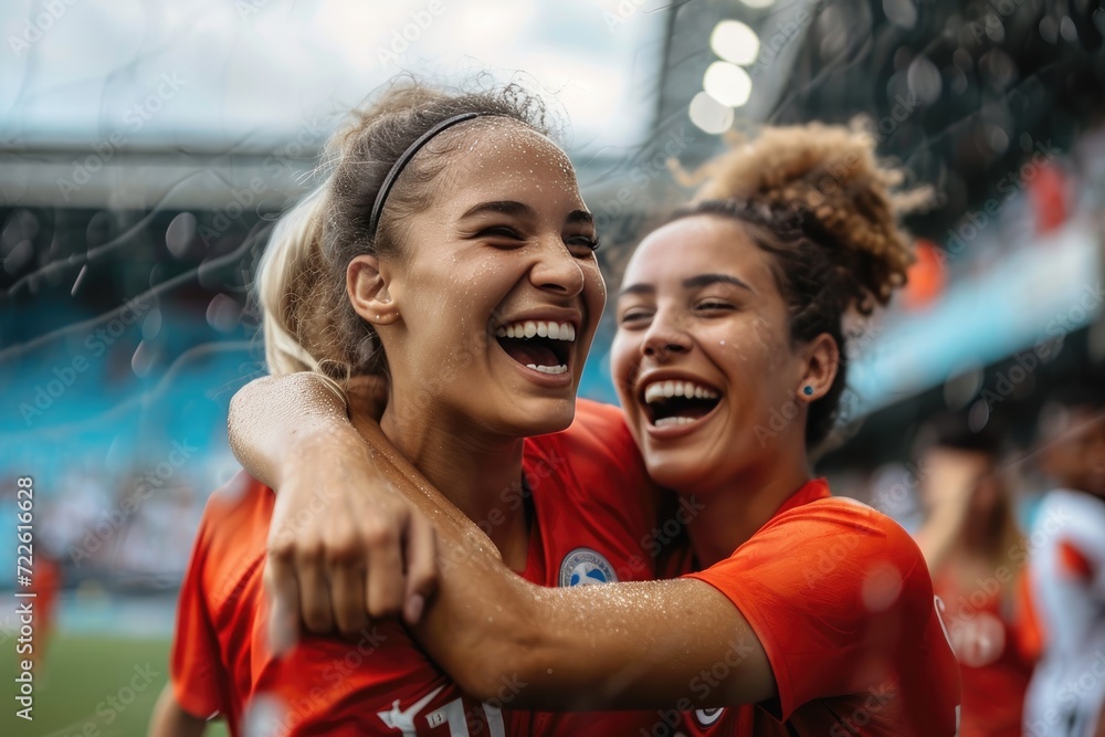 A group of female soccer players embrace each other in a show of camaraderie and teamwork, their beaming smiles and matching sports uniforms symbolizing their strong bond and passion for the sport