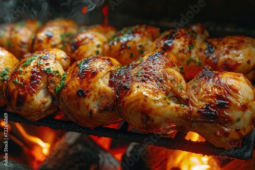 A sizzling spread of tender chicken thighs roasting on a barbecue grill, evoking the mouth-watering aromas of street food and the savory cuisine of hendl, perfect for a cozy indoor gathering or a fes photo