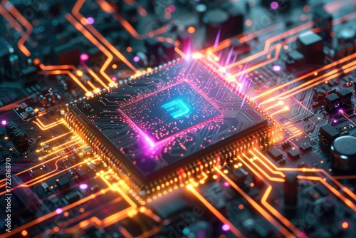 Efficiently illuminating a sleek circuit board, the vibrant orange lights of a computer chip symbolize the seamless integration of cutting-edge electronics in modern technology