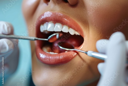 A woman's immaculately cared for mouth showcases the tools and techniques of modern dentistry, emphasizing the importance of oral hygiene and the beauty of a healthy smile