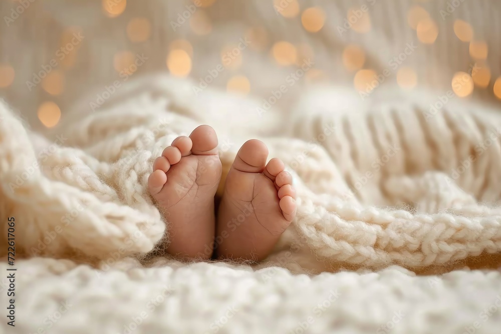 A peaceful slumber, tiny toes peeking out from beneath the covers, as a newborn child rests in the safety of their indoor sanctuary A peaceful slumber, tiny toes peeking out from beneath the covers, as a newborn child rests in the safety of their indoor sanctuary