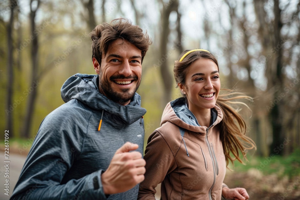 Fototapeta premium A couple braves the rugged terrain, their beaming faces and matching jackets a testament to their joy and determination as they hike through the scenic forest