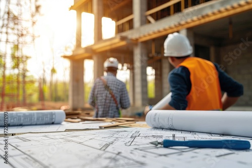 Amidst the chaos of construction, a team of hardworking men in their protective gear and work clothes intently study blueprints and a crossword puzzle, determined to bring a new building to life