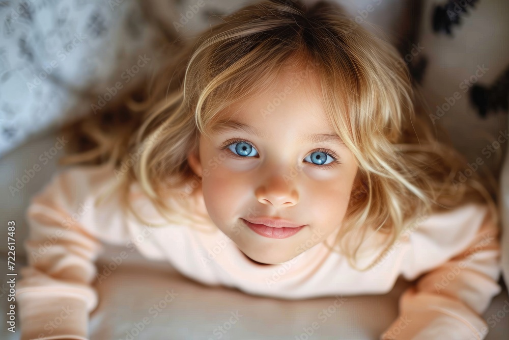 A radiant young child with golden locks and piercing sapphire eyes gazes confidently at the camera, her delicate features and soft skin captured in a stunning indoor portrait A radiant young child with golden locks and piercing sapphire eyes gazes confidently at the camera, her delicate features and soft skin captured in a stunning indoor portrait