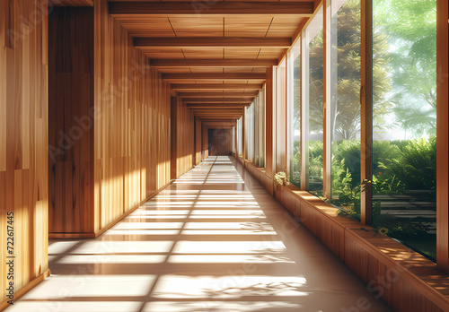 a hallway with wood panels