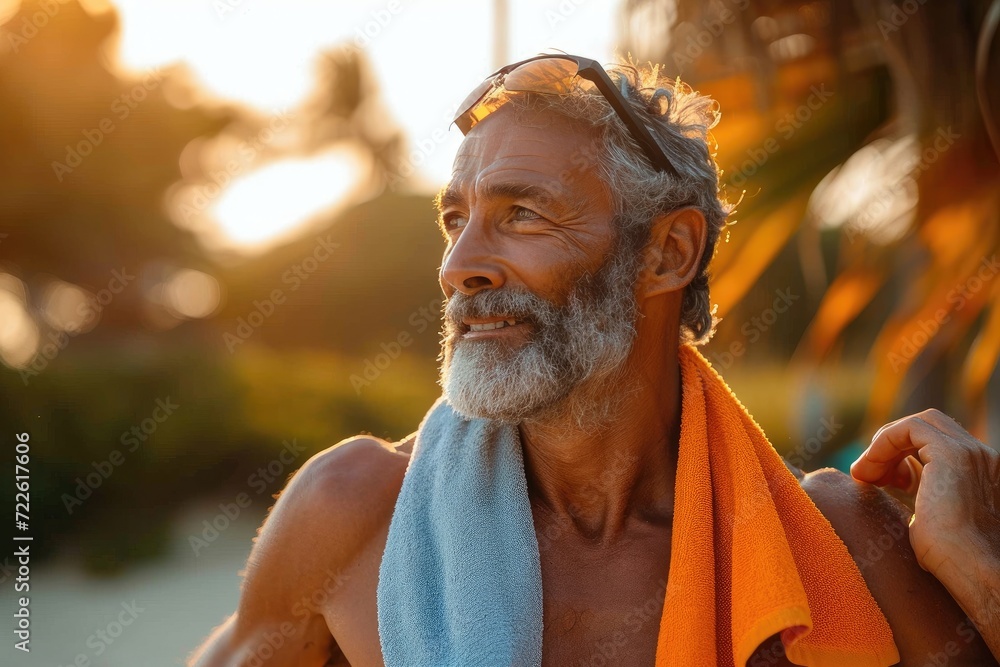 An orange-clad man stands outdoors with a towel around his neck, his bearded face reflecting a sense of relaxation and self-care