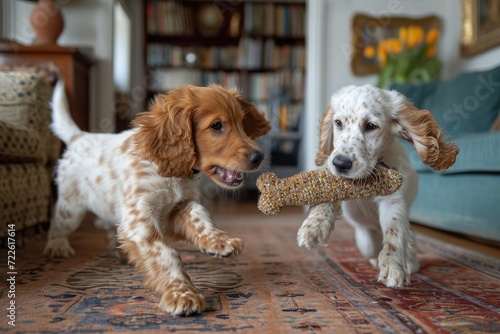 Two energetic spaniels joyfully race through the indoor space, determined to keep their prized bone safe as they playfully navigate the brown floor © LifeMedia