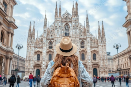 A stylish woman ventures through the city streets, her hat and backpack adding to her fashionable outdoor look as she stands before a majestic cathedral under a cloudy sky
