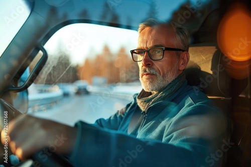 A stoic man gazes into the rearview mirror, his face reflecting the endless sky as he drives his sleek car through the vast landscape, his sunglasses hiding his emotions © LifeMedia
