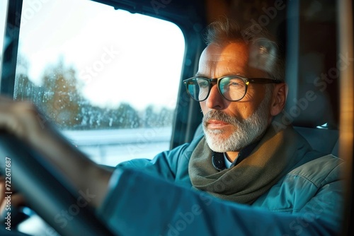 A bearded man gazes wistfully through his glasses at the wintry sky, his blue coat a stark contrast against the outdoor backdrop