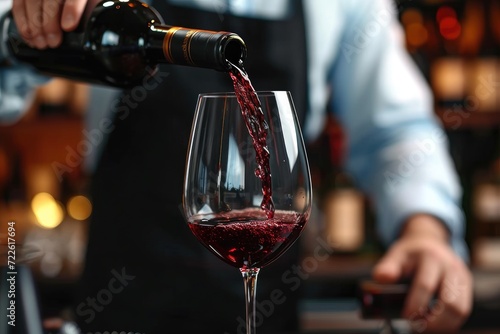 Indulge in the rich flavors of red wine as a person pours a glass from a sparkling bottle, adding elegance to their drinkware collection and setting the scene for a sophisticated evening