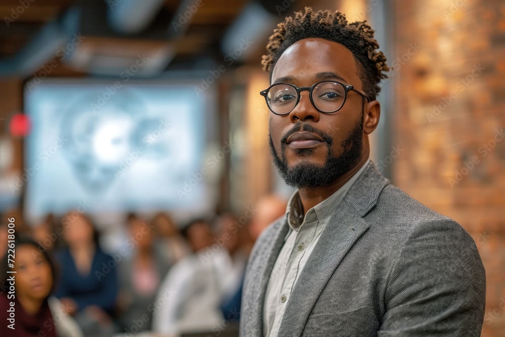A stylish man with a distinguished beard and glasses stands confidently indoors, his grey blazer adding a touch of sophistication to his ensemble A stylish man with a distinguished beard and glasses stands confidently indoors, his grey blazer adding a touch of sophistication to his ensemble