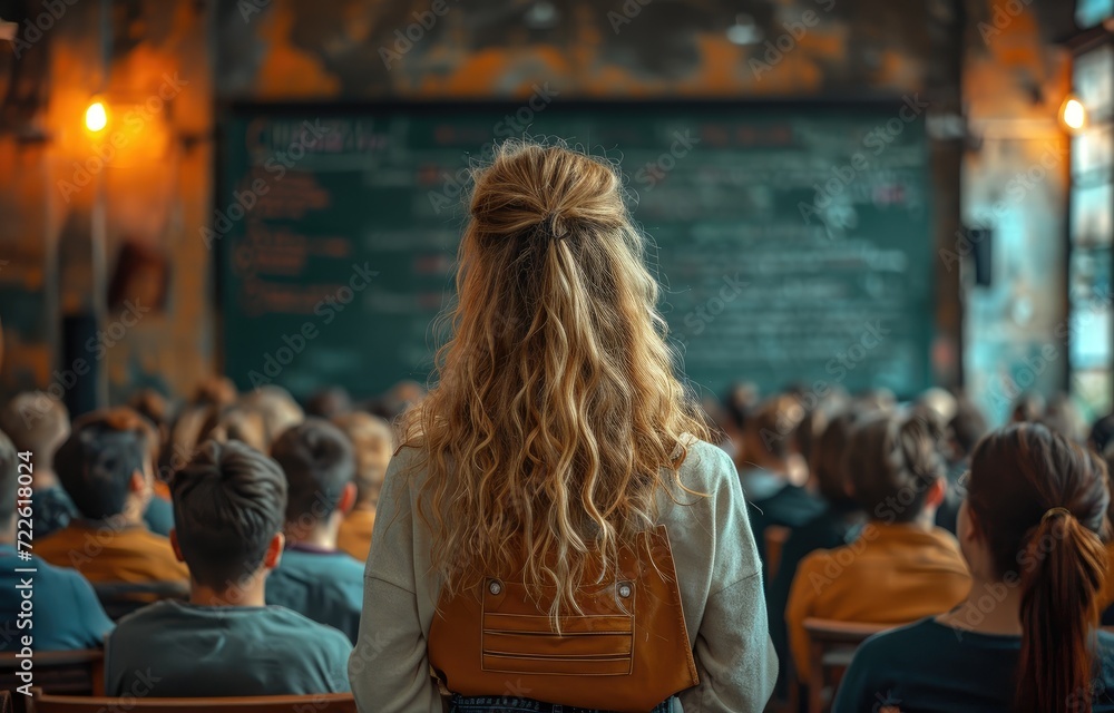 A woman sits in a crowded classroom, her face full of determination as she learns among the bustling streets and bustling minds of her fellow students A woman sits in a crowded classroom, her face full of determination as she learns among the bustling streets and bustling minds of her fellow students