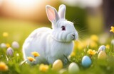 Cute rabbit on a sunny meadow with decorated eggs for the Easter holiday. Easter concept