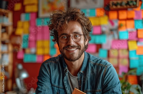 A jovial man confidently gazes at the camera, exuding warmth and style with his trendy glasses and relaxed smile against a simple indoor wall backdrop