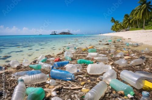 Beach Covered in Plastic Bottles and Debris, A Grim Reality of Pollution