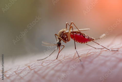 Mosquito engorging itself on blood between hair follicles on skin from a human arm 