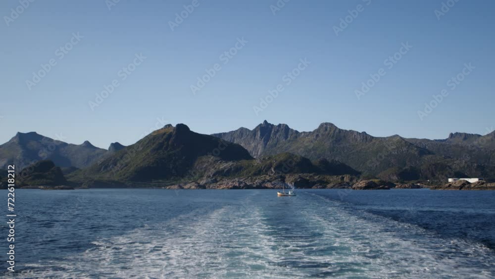 Ferry Drifting From Mountains, Sailing Boat In View Ferry Drifting From Mountains, Sailing Boat In View