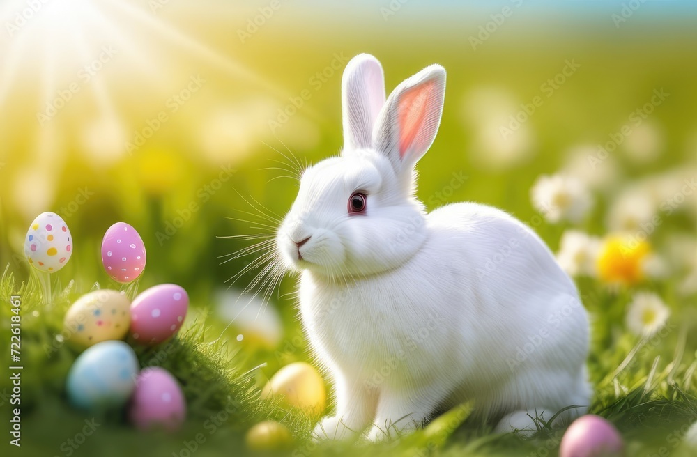 Cute rabbit on a sunny meadow with decorated eggs for the Easter holiday. Easter concept Cute rabbit on a sunny meadow with decorated eggs for the Easter holiday. Easter concept
