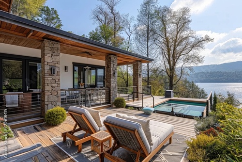 Escape to this stunning home surrounded by lush trees and a breathtaking mountain view, featuring a tranquil outdoor patio with a refreshing pool and comfortable chairs for the ultimate relaxation © LifeMedia