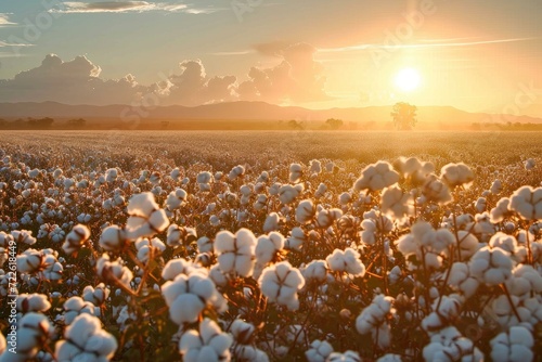Golden rays kiss the soft white blooms as the sky turns into a canvas of pastel hues, painting a tranquil scene of nature's beauty in this cotton field at sunset