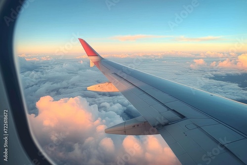 A magnificent airplane wing glides through the vibrant sky  carrying passengers on a journey of adventure and wonder amidst the billowing clouds and setting sun