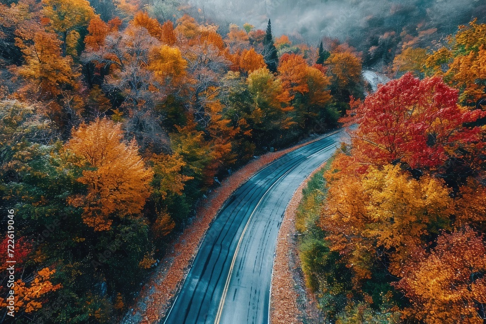Obraz premium A scenic autumn landscape with a winding road lined by colorful deciduous trees, set against a backdrop of majestic mountains and a cloudy sky
