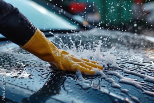 Amidst a gentle rain, a diligent person in a yellow glove splashes water onto a gleaming car, transforming the mundane task into a refreshing outdoor experience © LifeMedia