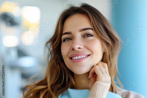 A stylish woman radiates confidence and joy as she poses for a portrait, her brown layered hair framing her flawless skin and captivating smile while her hand rests gently on her chin, adorned with a