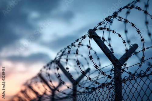 Confinement and freedom clash as the cloudy sky looms over the sharp edges of barbed wire and chainlink fencing in the great outdoors