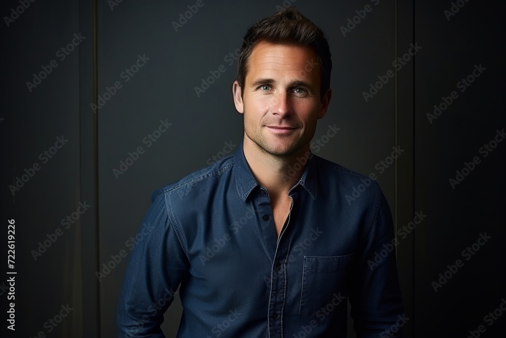 Portrait of a handsome young man in a blue shirt against a dark background Portrait of a handsome young man in a blue shirt against a dark background