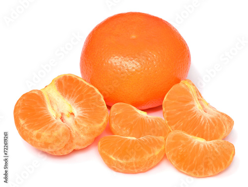 Collection of mandarin whole and slices isolated on white background. Citrus fruit