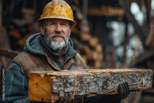 A blue-collar worker dons his hard hat and workwear, his beard adding character to his determined expression, as he holds a piece of wood on the bustling outdoor street