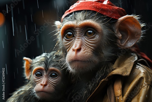 A mother macaque shelters her wrinkled baby simian under a red hat, as they brave the pouring rain with the resilience of primates
