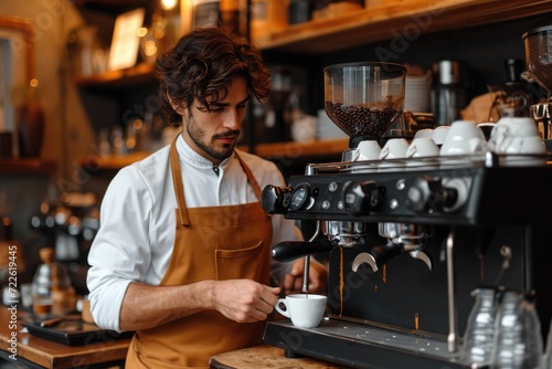 A stylish man in casual clothing stands at his kitchen countertop  expertly preparing a steaming cup of coffee with his trusty home appliance  surrounded by the warm and cozy atmosphere of his indoor