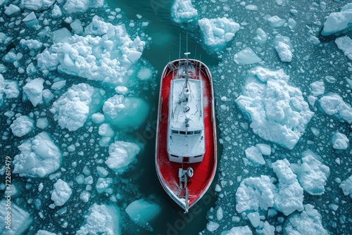 A vibrant red boat braves the frozen waters of winter, serving as a reliable transport through the snowy landscape