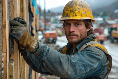 A determined engineer in a bright yellow hard hat and gloves braves the outdoor elements as he works tirelessly on a towering building, embodying the true spirit of a bluecollar worker
