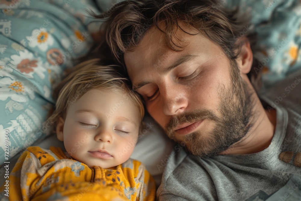 A peaceful moment of paternal love captured as a man and his baby boy slumber side by side, their skin touching in perfect harmony, surrounded by the coziness of their indoor haven A peaceful moment of paternal love captured as a man and his baby boy slumber side by side, their skin touching in perfect harmony, surrounded by the coziness of their indoor haven