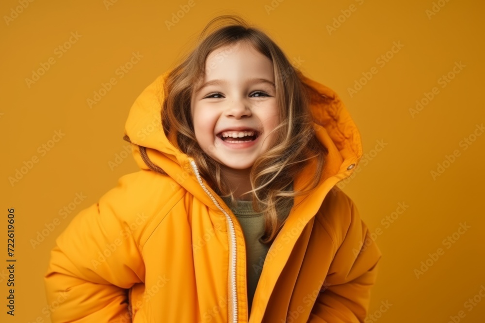 Portrait of a smiling little girl in yellow jacket over yellow background Portrait of a smiling little girl in yellow jacket over yellow background