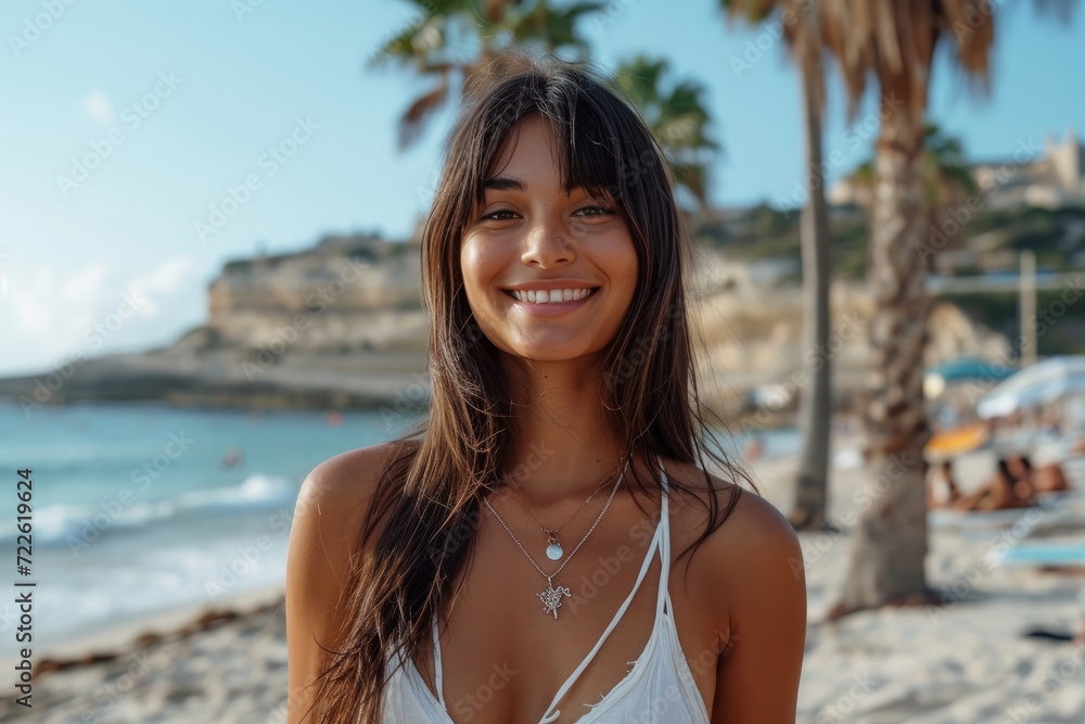 Fototapeta premium A joyful lady with long hair smiles at the camera while enjoying a sunny beach vacation, surrounded by the beautiful ocean and palm trees