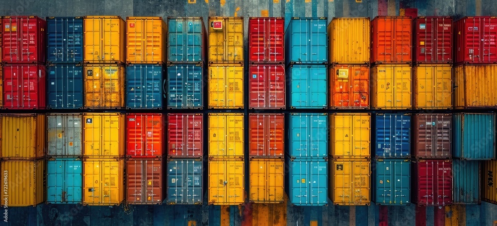 Obraz premium A vibrant library of literary treasures nestled within a rainbow of shipping containers, inviting readers to explore endless possibilities indoors