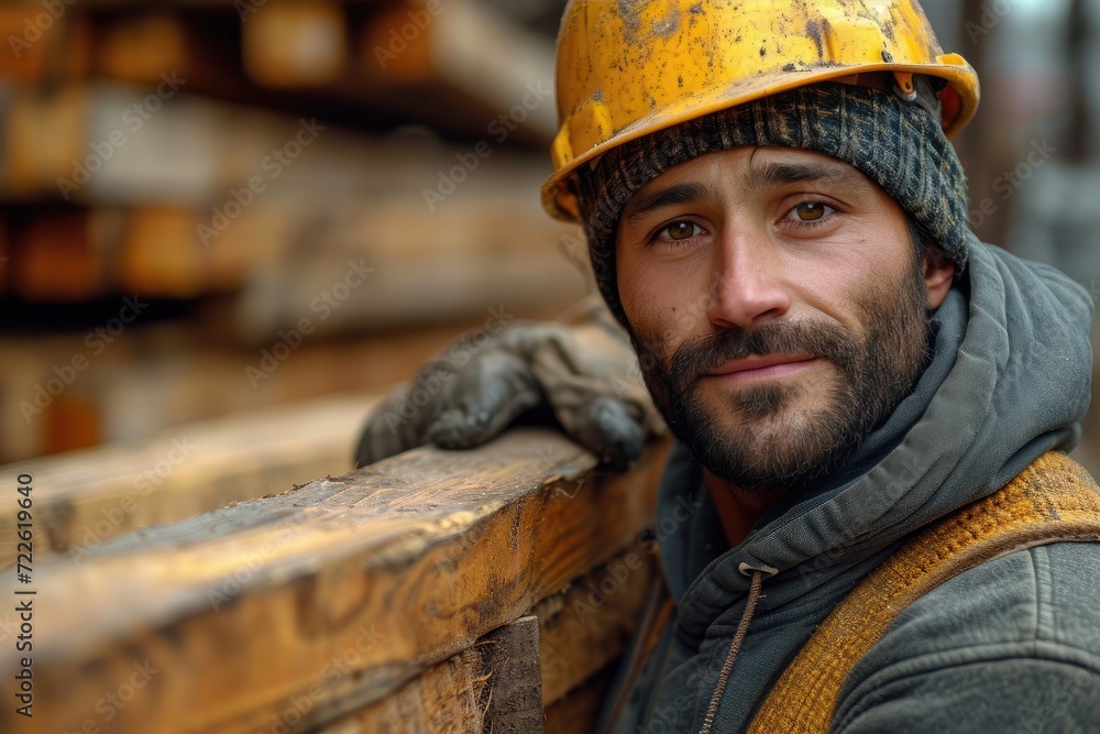 A rugged blue-collar worker leans on a wooden wall, his hard hat and gloves a testament to his dedication to his craft and the outdoor elements he braves A rugged blue-collar worker leans on a wooden wall, his hard hat and gloves a testament to his dedication to his craft and the outdoor elements he braves