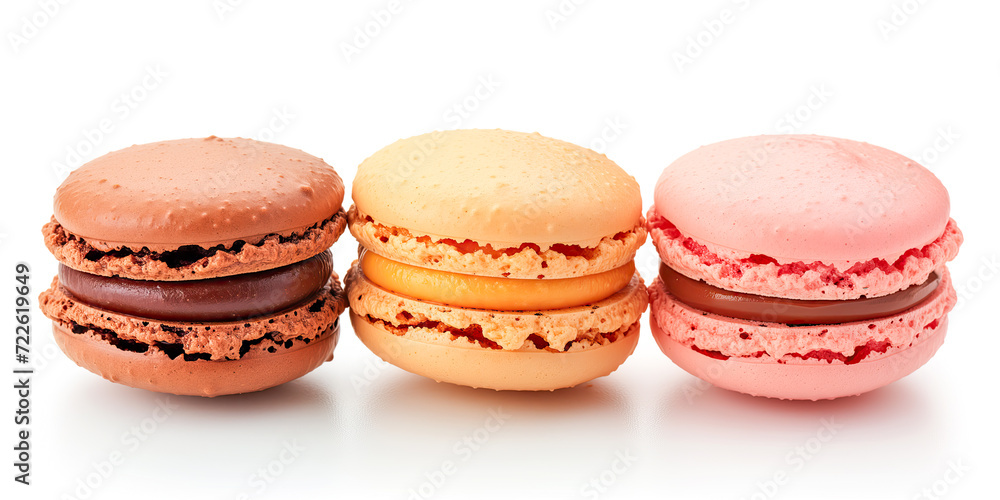 This image showcases a some of vibrant macarons, each representing a different flavor, isolated against a white background This image showcases a some of vibrant macarons, each representing a different flavor, isolated against a white background