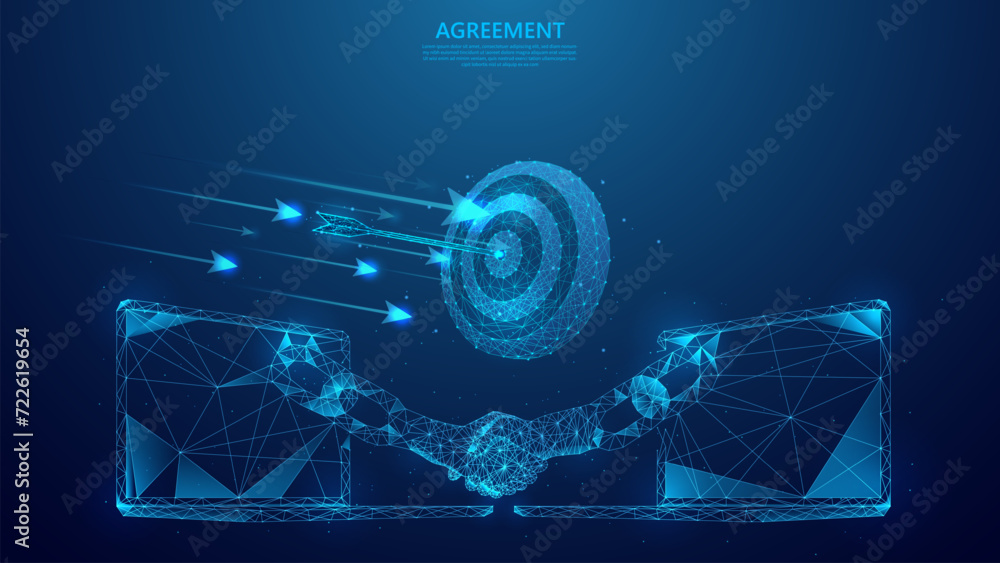 Virtual handshake business concept illustration via laptop screen. Blockchain technology agreement low poly style. - obrazy, fototapety, plakaty 