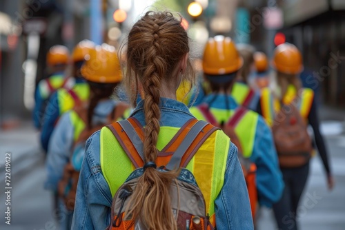 A team of construction workers, dressed in bright yellow and orange gear, stride confidently down the busy city street, their hard hats and tools in hand, ready to take on any outdoor challenge that 