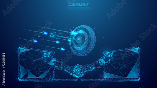 Virtual handshake business concept illustration via laptop screen. Blockchain technology agreement low poly style.