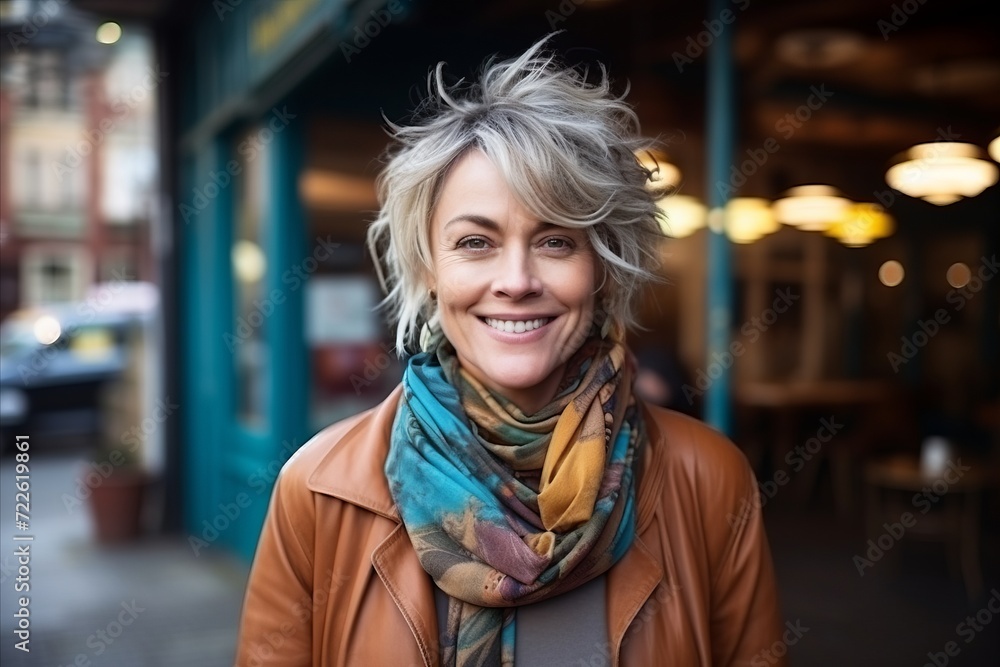 Portrait of smiling middle aged woman with scarf in the city.