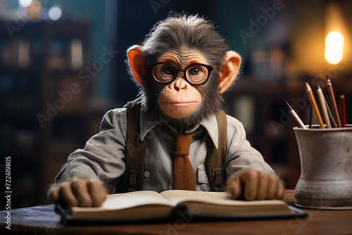A sophisticated primate enjoys a quiet evening indoors, sipping coffee and delving into a good book while sporting a professional look with glasses and a tie