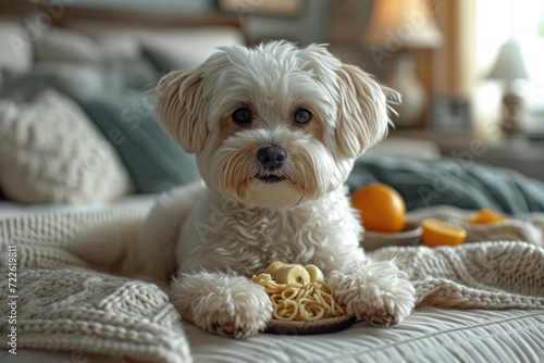 A fluffy cavachon puppy, belonging to a loving family, rests contently on a cozy bed covered in delicious treats